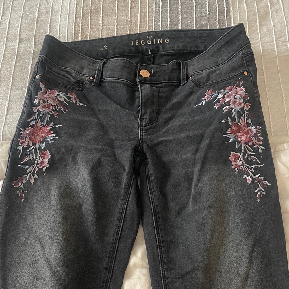 White House Black Market Black Jeans with Pink Floral Embroidery